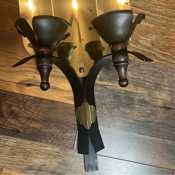 Vintage Brass, wood & Wrought Iron Wall Sconces 2 Taper Candle holders - Picture 3 of 7